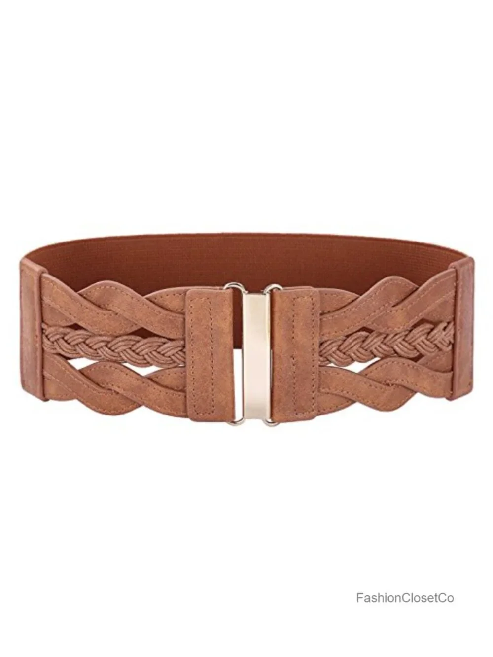 3-Inch Elastic Waist Belt Faux Leather Gold Buckle